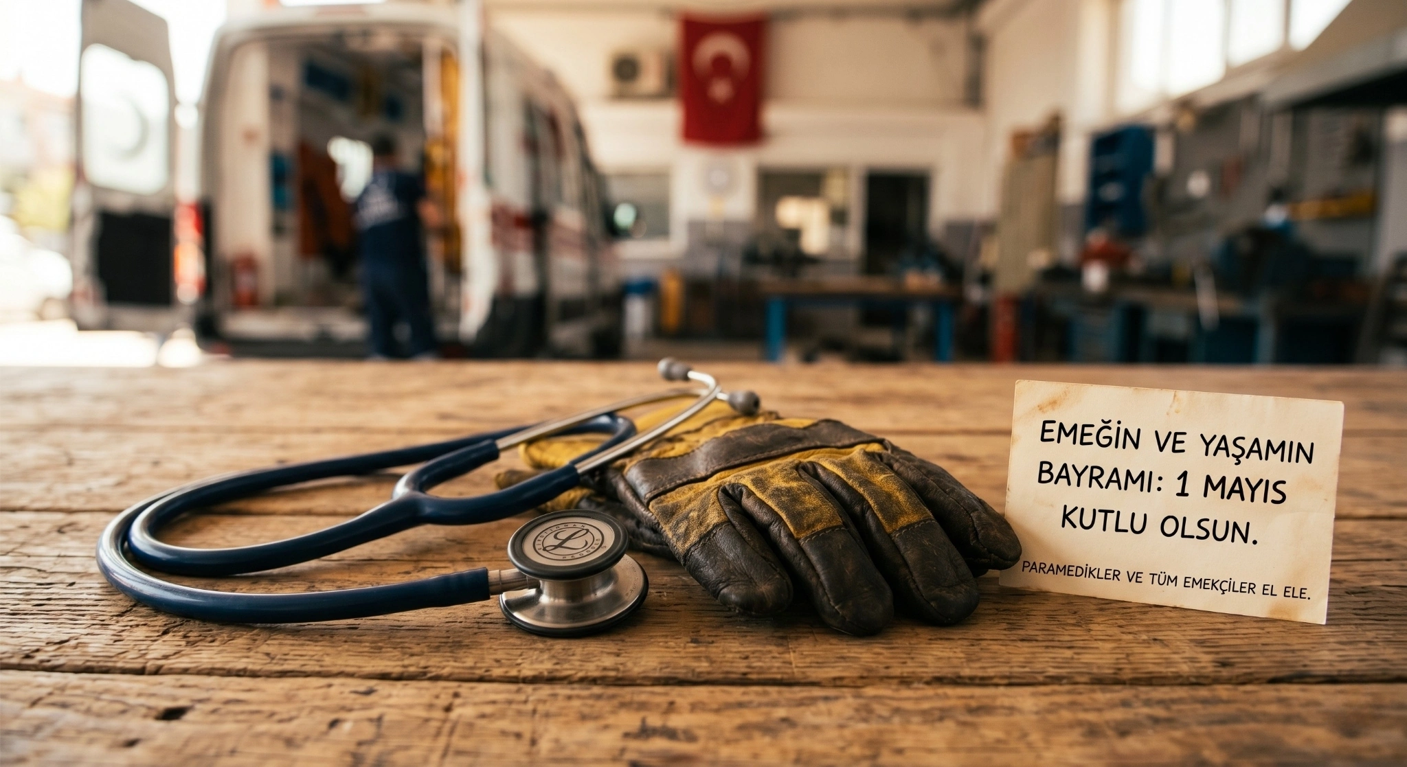 Eski ahşap bir masa üzerinde yan yana duran profesyonel bir stetoskop ve kullanılmış sarı deri işçi eldiveni. Arka planda bulanık bir şekilde görünen 112 acil yardım ambulansı, Türk bayrağı ve üzerinde 'Emeğin ve Yaşamın Bayramı: 1 Mayıs Kutlu Olsun' yazan el yazısı bir not kartı.