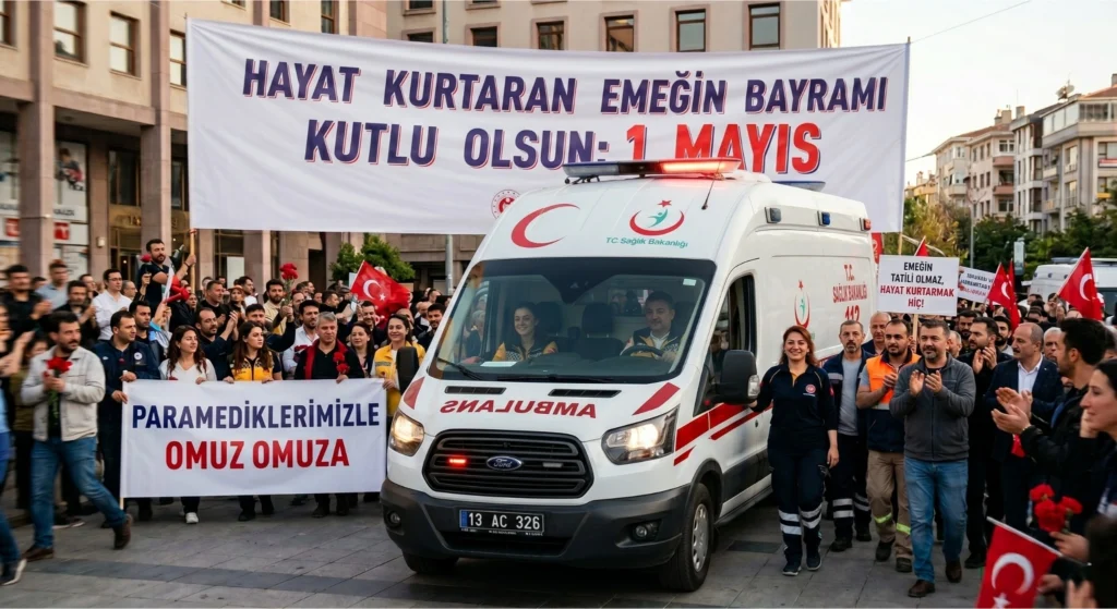 Gündüz vakti bir şehir meydanında, üzerinde Türkiye Cumhuriyeti Sağlık Bakanlığı logosu bulunan beyaz bir 112 acil yardım ambulansı. Ambulansın arkasında 'Hayat Kurtaran Emeğin Bayramı Kutlu Olsun: 1 Mayıs' ve yan tarafta 'Paramediklerimizle Omuz Omuza' yazılı pankartlar taşıyan, ellerinde Türk bayrakları olan kalabalık bir grup ve sağlık çalışanları korteji.