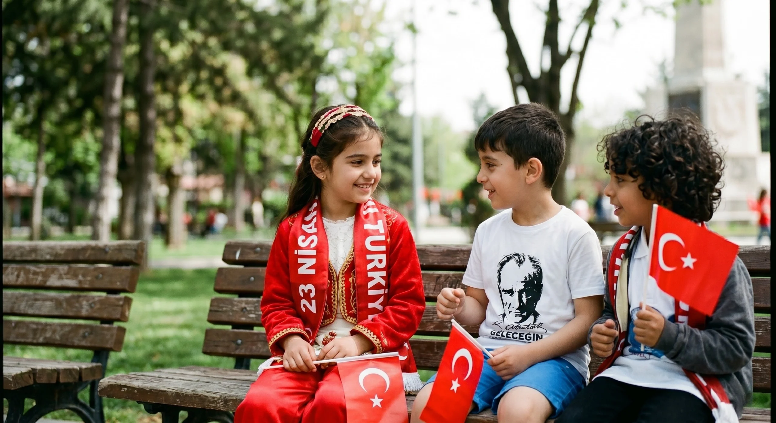 Parktaki bankta yan yana oturan, ellerinde Türk bayrakları tutan ve birbirine gülümseyen üç çocuk.